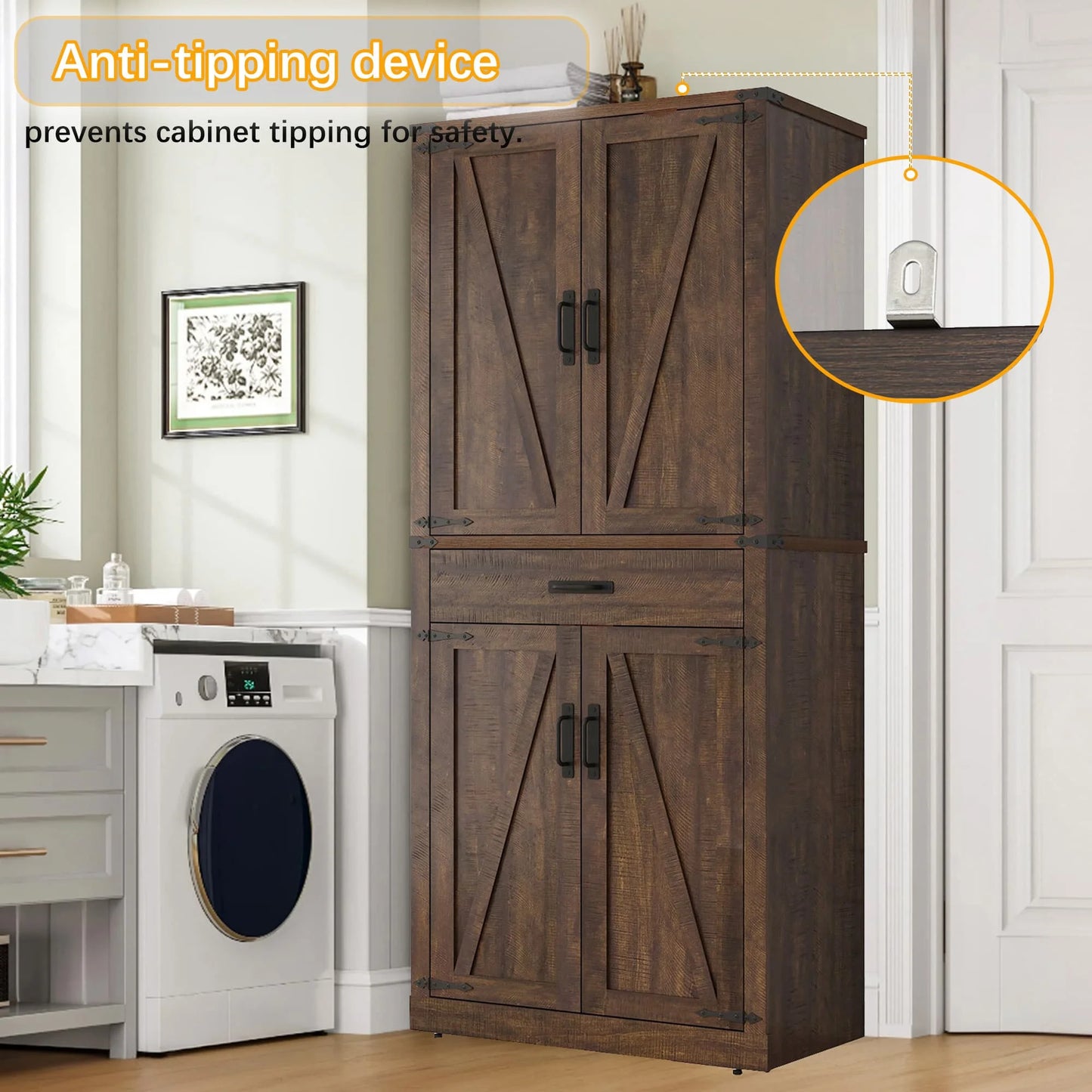 72.4'' Tall Bathroom Storage Cabinet with Drawer & 4 Storage Shelves, Rustic Farmhouse Linen Cabinet with Load-Bearing Steel Pipe & 4 Doors for Bedroom Living Room Kitchen Art/Craft Room