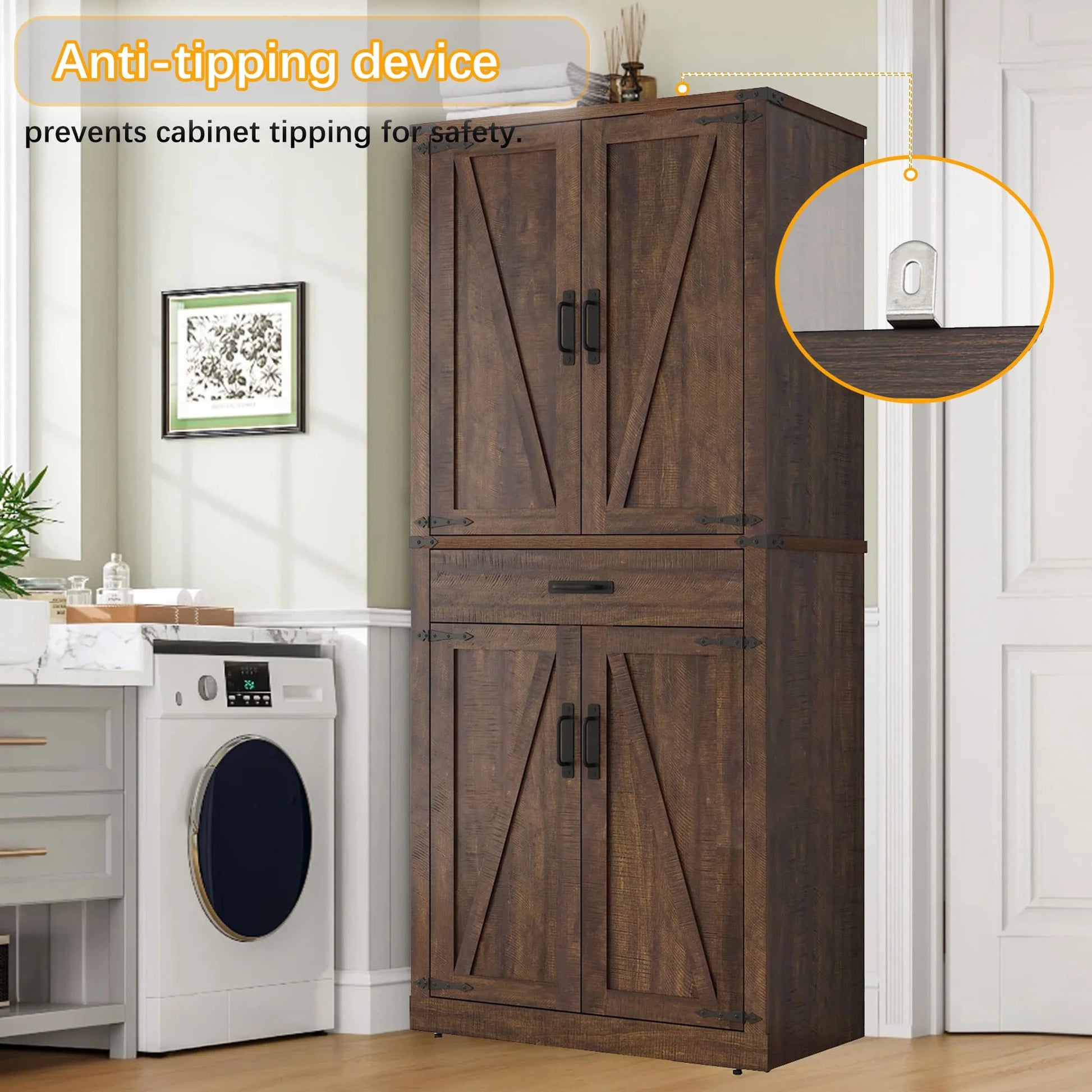 72.4'' Tall Bathroom Storage Cabinet with Drawer & 4 Storage Shelves, Rustic Farmhouse Linen Cabinet with Load-Bearing Steel Pipe & 4 Doors for Bedroom Living Room Kitchen Art/Craft Room