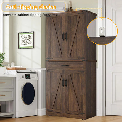 72.4'' Tall Bathroom Storage Cabinet with Drawer & 4 Storage Shelves, Rustic Farmhouse Linen Cabinet with Load-Bearing Steel Pipe & 4 Doors for Bedroom Living Room Kitchen Art/Craft Room