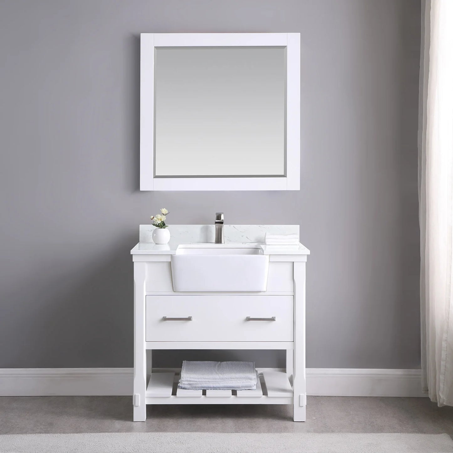Georgia 36" Single Bathroom Vanity Set in White and Aosta White Composite Stone Top with White Farmhouse Basin without Mirror