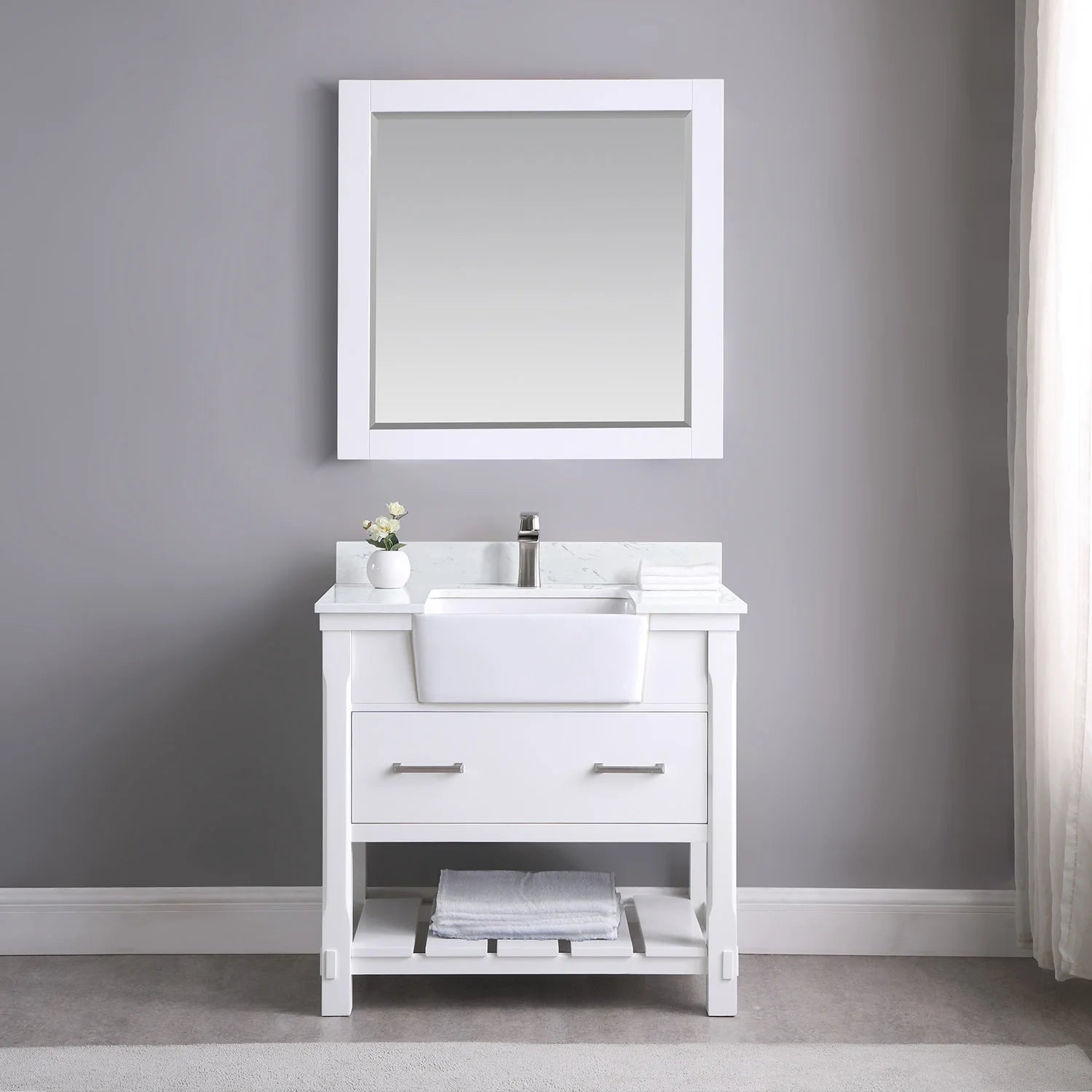 Georgia 36" Single Bathroom Vanity Set in White and Aosta White Composite Stone Top with White Farmhouse Basin without Mirror