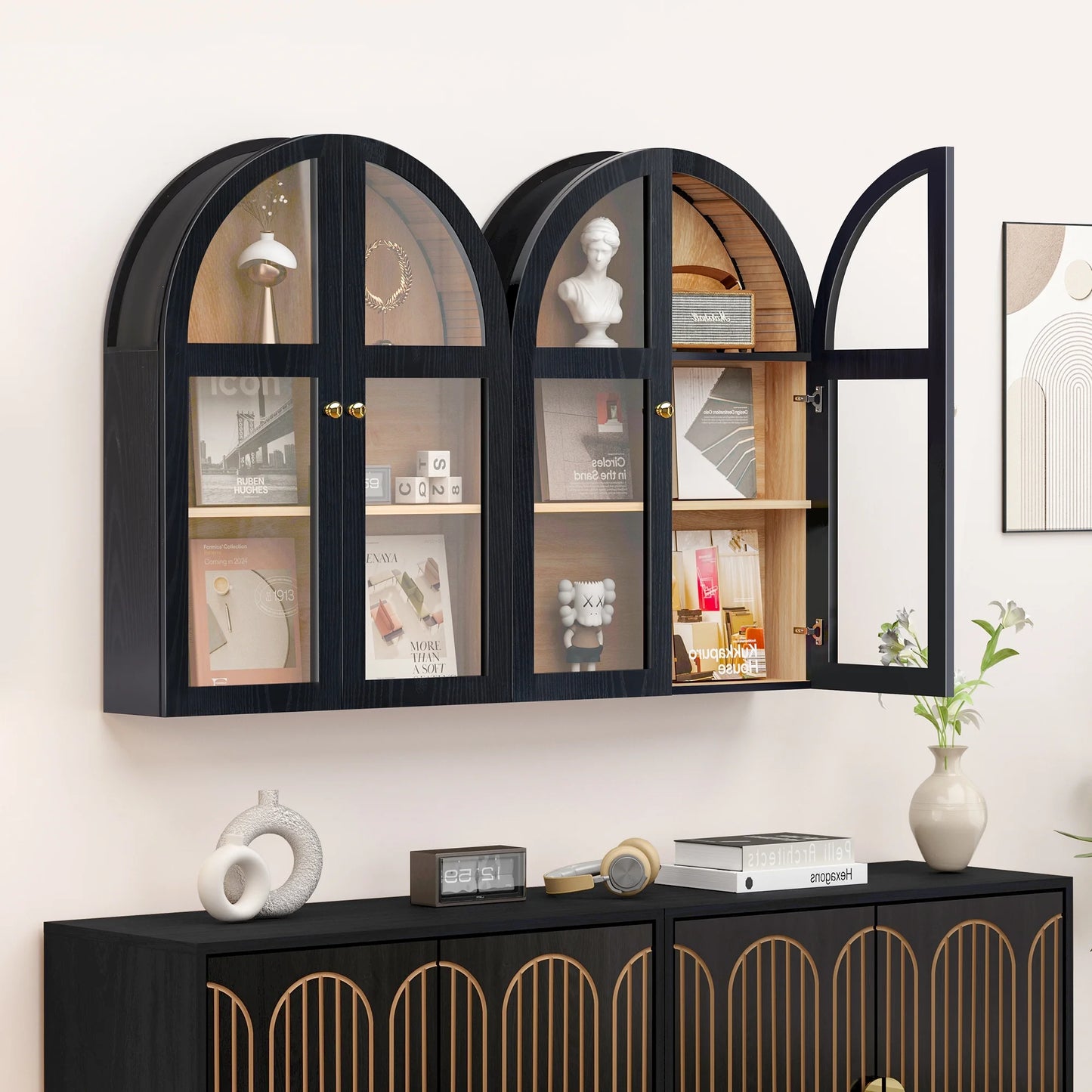 LEFHDA Arched Wall Cabinet with Glass Door, Black Open Storage Cabinet, Hanging Bathroom Shelf, Modern Wall Bathroom Cabinet with Adjustable Shelf Gold Metal Handles