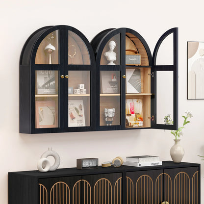 LEFHDA Arched Wall Cabinet with Glass Door, Black Open Storage Cabinet, Hanging Bathroom Shelf, Modern Wall Bathroom Cabinet with Adjustable Shelf Gold Metal Handles