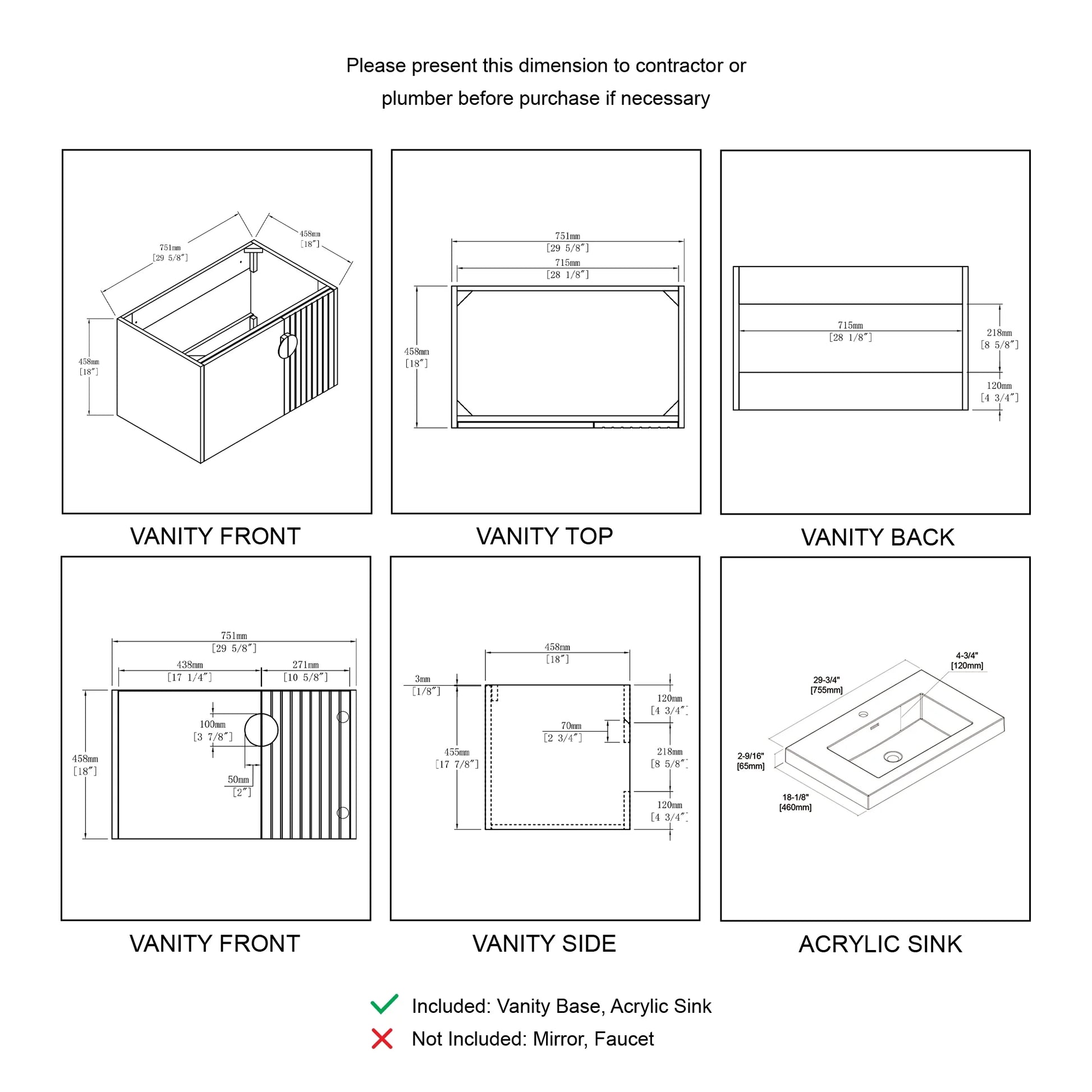 Floating & Wall Mounted Bathroom Vanity Set with Acrylic Sink