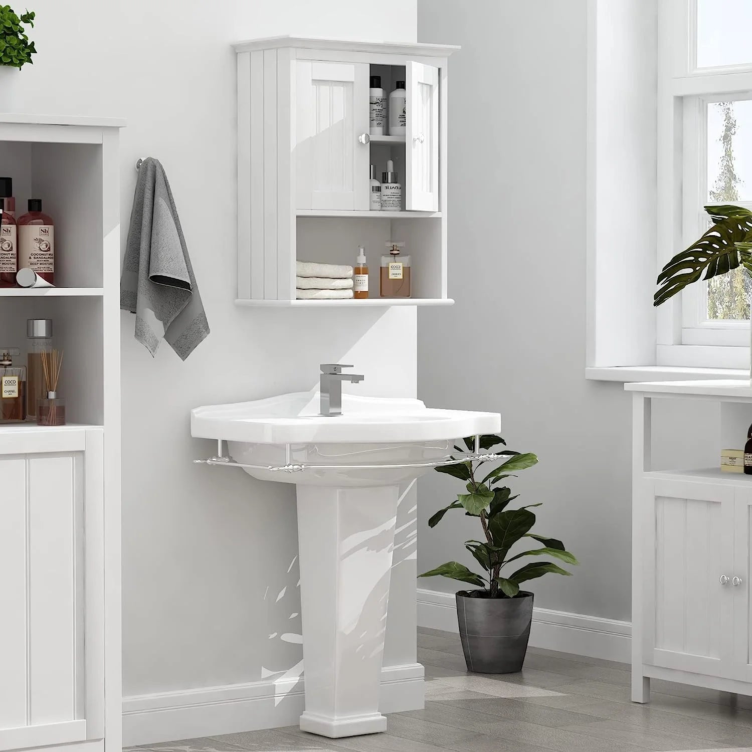 Wood Wall Cabinet, Bathroom Medicine Cabinet Storage with Doors and Adjustable Shelf, Rustic Cabinet Wall Mounted for Bathroom, Livingroom, Kitchen, Cupboard, White