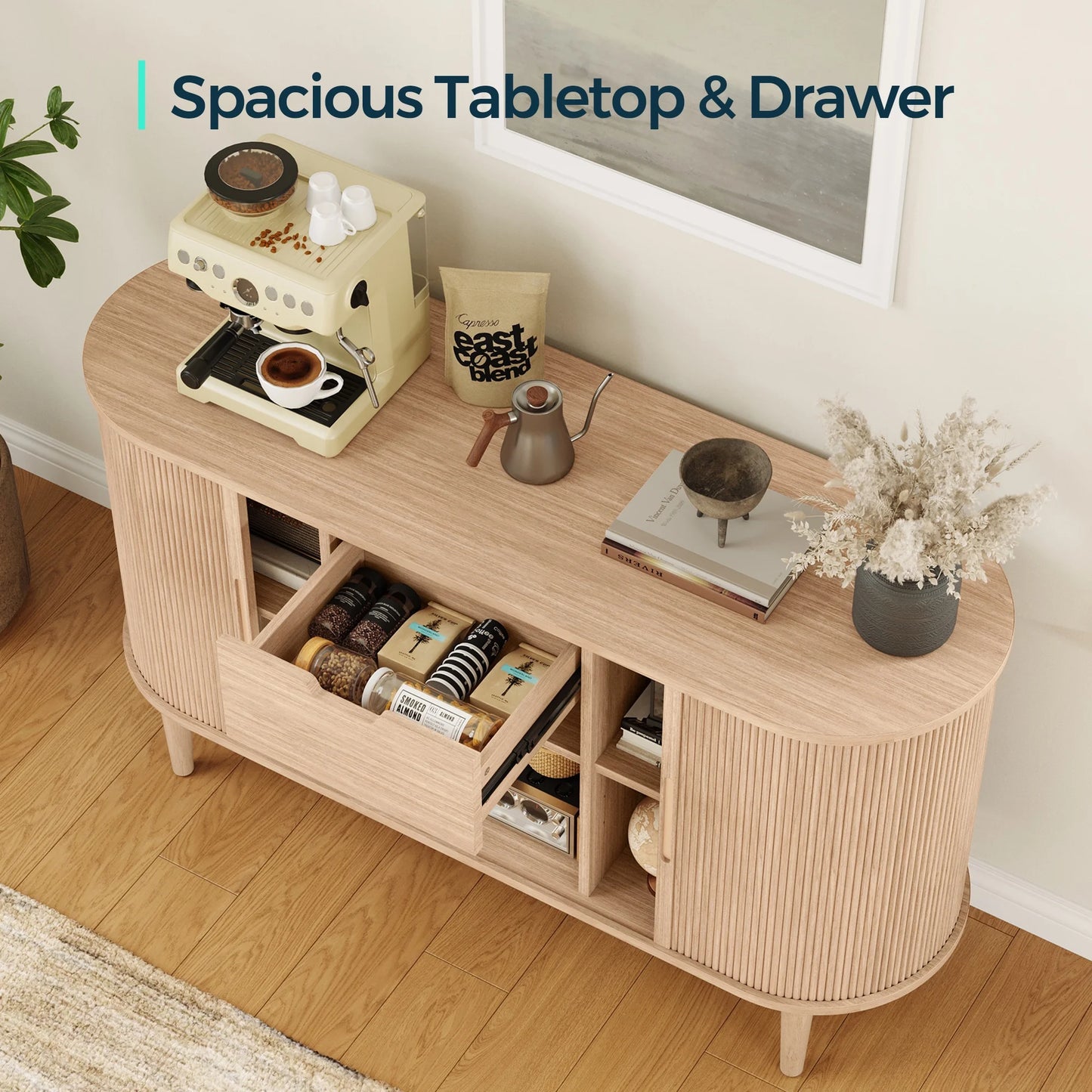 LINSY HOME Fluted Pantry Storage Cabinet, Kitchen Cabinets with Sliding Tambour Door, Wide Storage Cabinet with Removable & Adjustable Shelves for Dining Room, Living Room, Bathroom, Oak