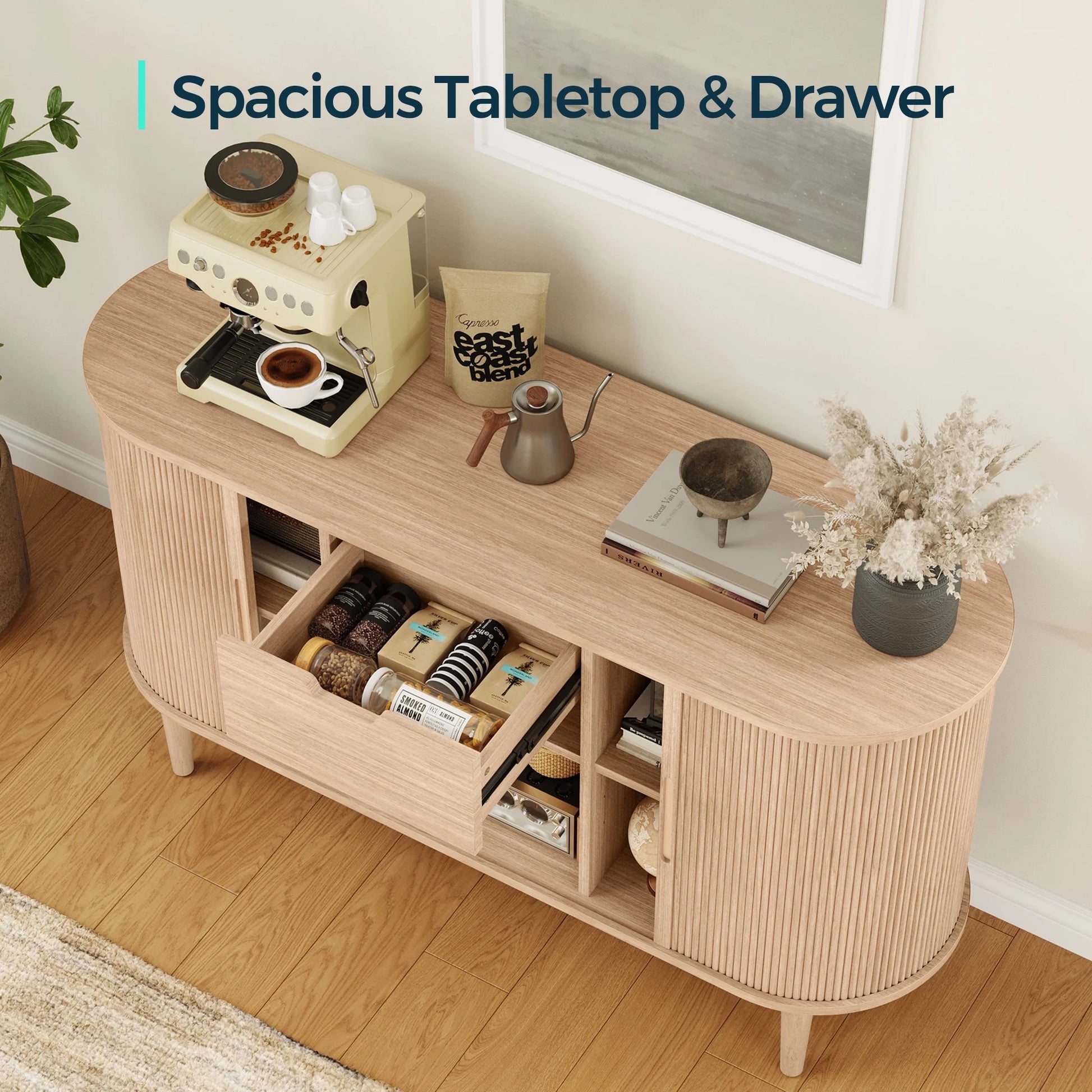LINSY HOME Fluted Pantry Storage Cabinet, Kitchen Cabinets with Sliding Tambour Door, Wide Storage Cabinet with Removable & Adjustable Shelves for Dining Room, Living Room, Bathroom, Oak