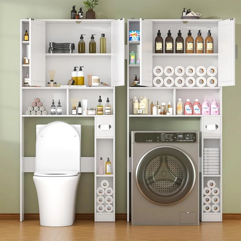Frmobepts Over The Toilet Storage Cabinet with Toilet Paper Holder Stand, Above Toilet Organizer with Doors, Behind Toilet Shelf for Restroom, Bathroom, Laundry, White