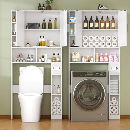 Frmobepts Over The Toilet Storage Cabinet with Toilet Paper Holder Stand, Above Toilet Organizer with Doors, Behind Toilet Shelf for Restroom, Bathroom, Laundry, White