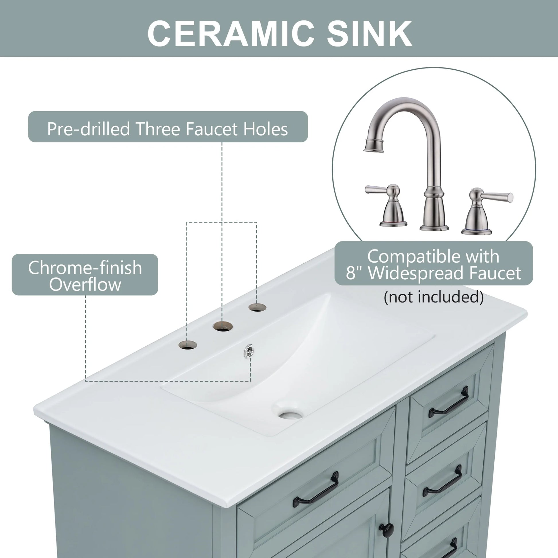 Christopher Knight Home 36" Bathroom Vanity with Sink, Tip-out Drawers, Soft-Close Doors, Grey