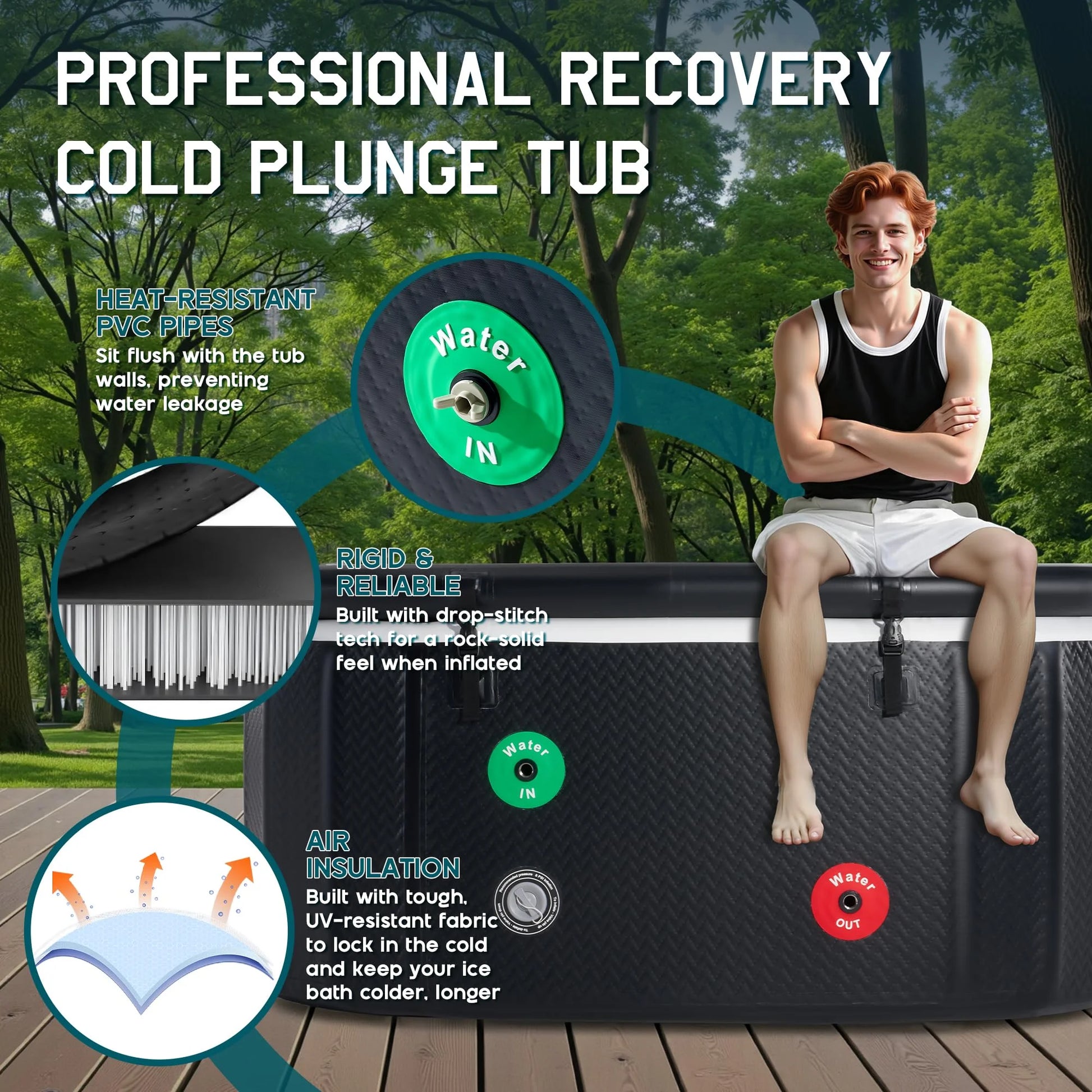 Jocisland Inflatable Cold Plunge Tub for Athletes, Ice Bath Tub with Insulated Lid Non-Slip Mat, Water Chiller Compatible, Portable for Outdoor & Indoor Recovery, 150 Gal, 59"L x 32"W x 28"H