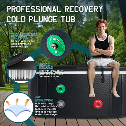 Jocisland Inflatable Cold Plunge Tub for Athletes, Ice Bath Tub with Insulated Lid Non-Slip Mat, Water Chiller Compatible, Portable for Outdoor & Indoor Recovery, 150 Gal, 59"L x 32"W x 28"H