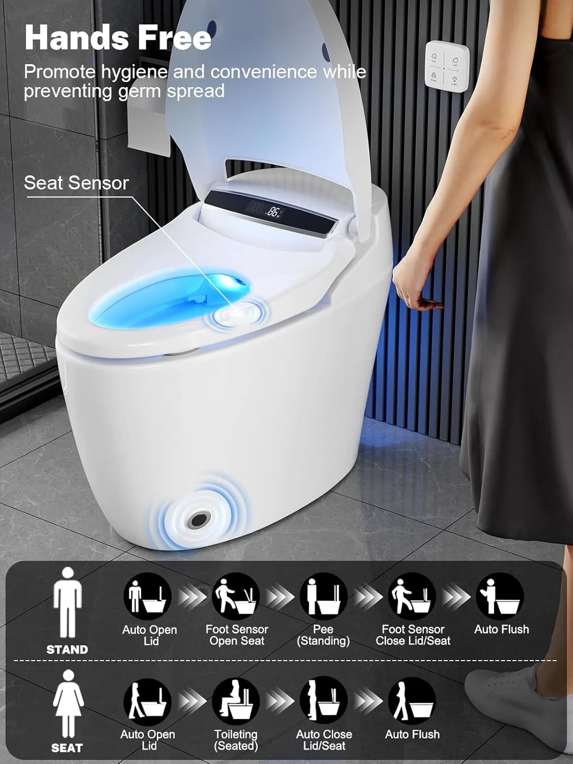 Vipbear Smart Toilet with Heated Seat and Night Light, Tankless Toilets for Bathroom, Modern One Piece Toilet Standard Comfort Height Toilet with Auto Flush, Auto Open Close Lid/Seat,Slow Close, ADA