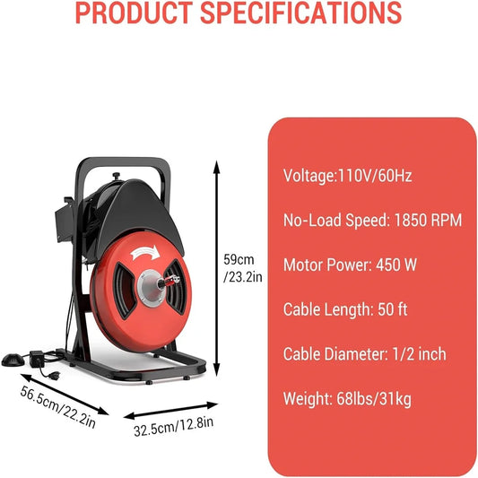 50FTx1/2 Inch Drain Cleaner Machine, Sewer Snake Electric Drain for 2" to 4" Pipes, Plumbing Snake Auger Cleaner with Wheels & 4 Cutter & Foot Switch for Sewer, Sink, Toilet, Bathroom and Shower