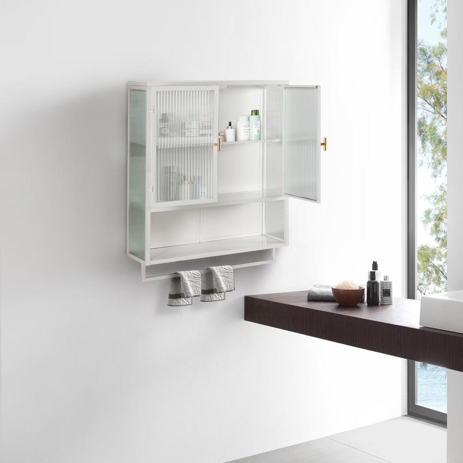 Two-door Wall Cabinet, Modern Kitchen Wall Mounted Cabinet with 2 Glass Doors, Two-tier Enclosed Storage, an Open Shelf, Towel Rack, Metal Wall Cabinet for Entryway, Living Room, Bathroom, White