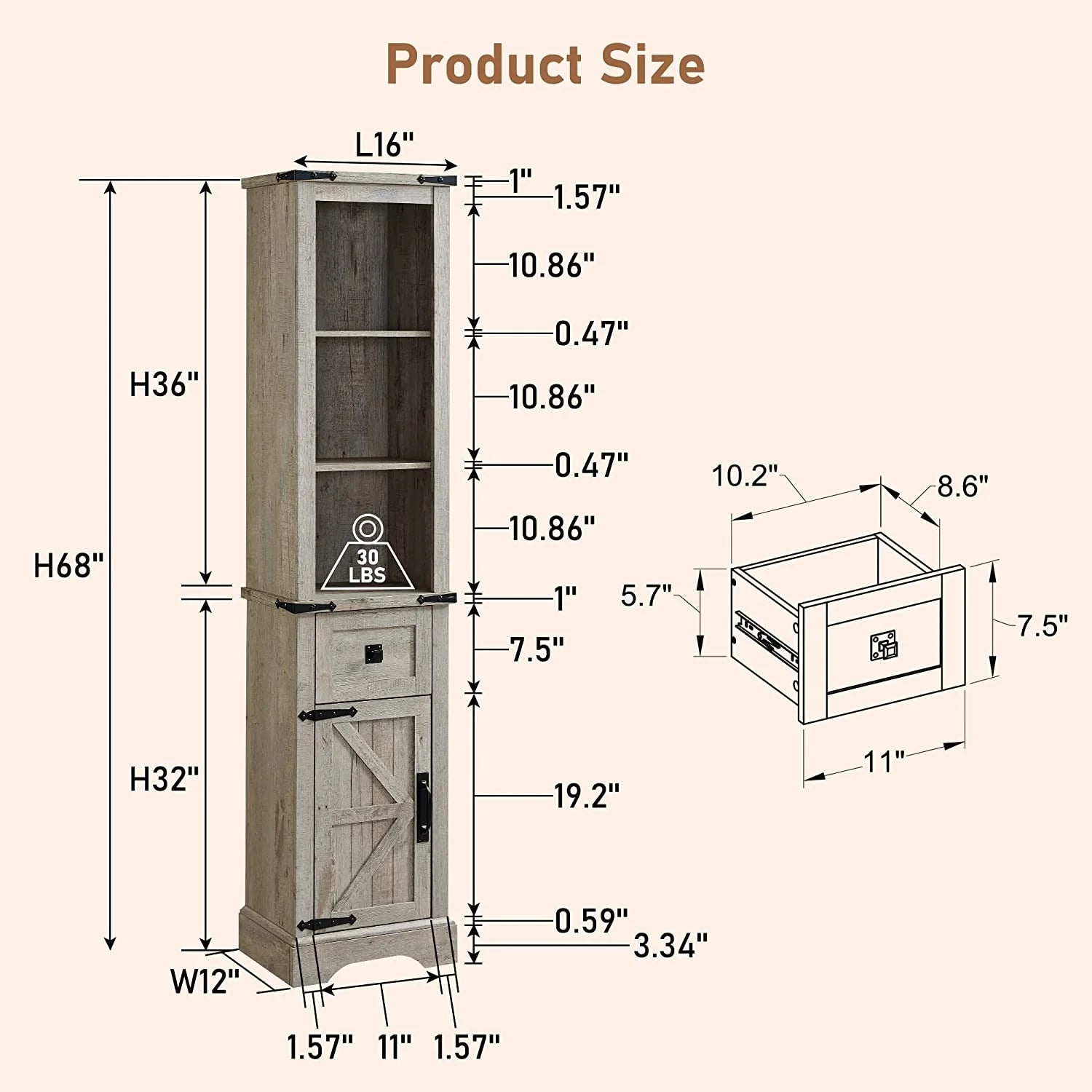 OKD 68" H Farmhouse Bathroom Storage Cabinet Organizer with Adjustable Shelves and Drawer, Dark Rustic Oak