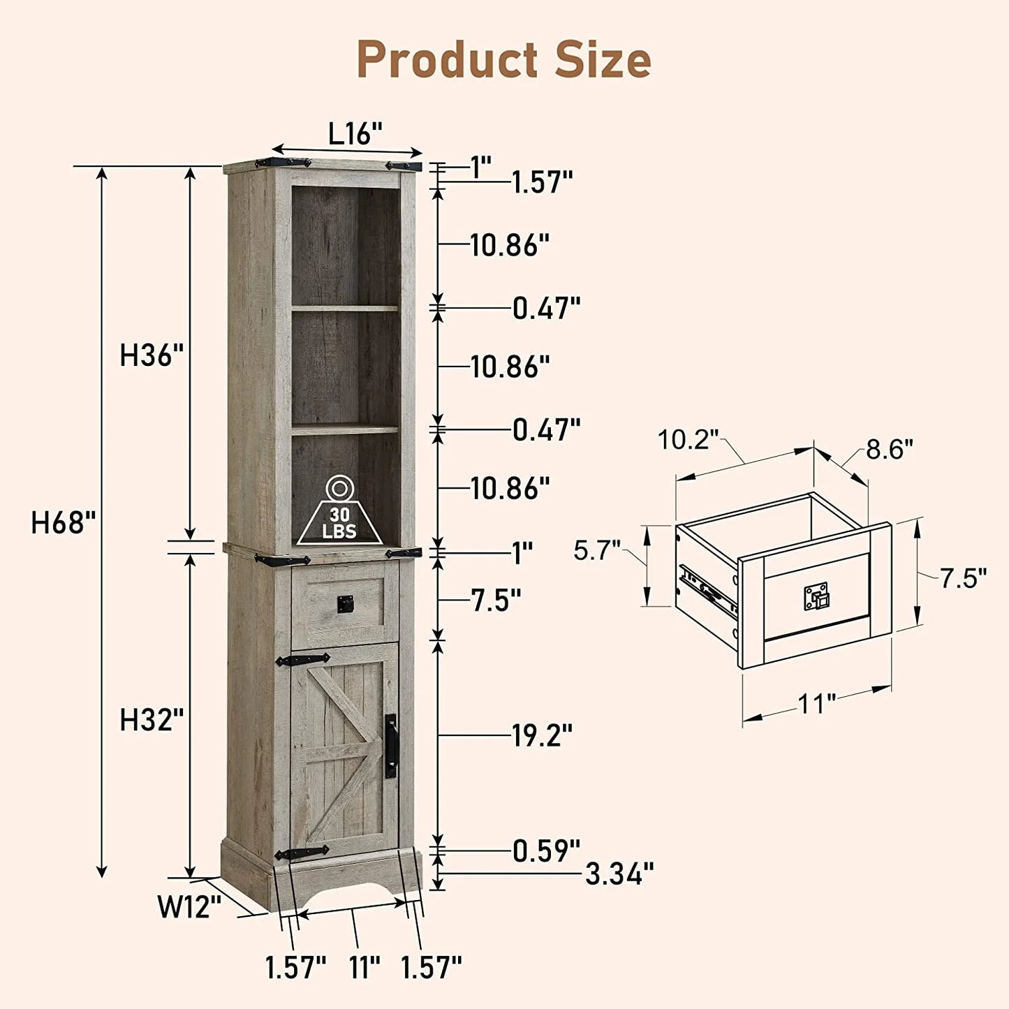 OKD Farmhouse Bathroom Organizers and Storage, Narrow Tall Cabinet Storage Tower with Door and Drawer, Light Rustic Oak