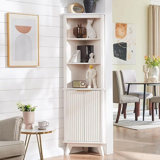 OKD 68" Tall Corner Storage Cabinet with Faux Marble Top and Adjustable Shelves Modern Pantry Curved Profile Bookshelf for Bathroom Kitchen Living Room Dining Room, Off White
