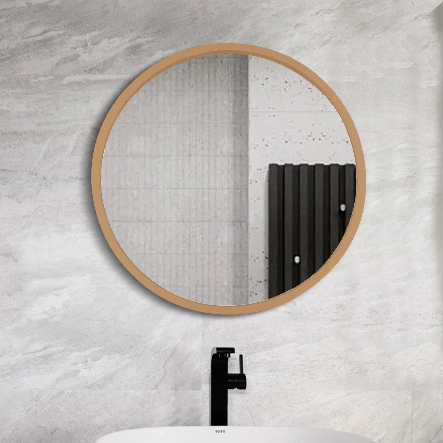 Mirror Cabinet Round Vanity Mirror Wood Frame Wall Cabinet with 3 Shelves for Bathroom