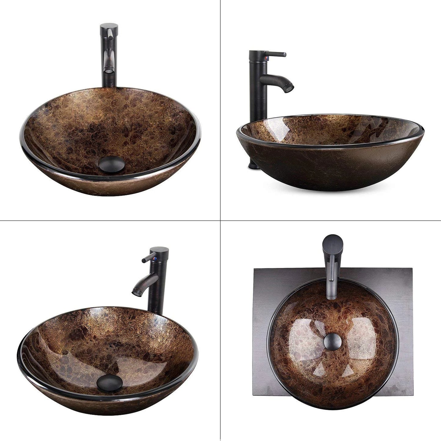 PULUOMIS Vessel Sink and Faucet Combo Bath Sinks with Mounting Ring and Pop Up Drain Round Bowl Basin Brown