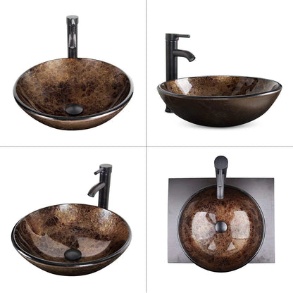 PULUOMIS Vessel Sink and Faucet Combo Bath Sinks with Mounting Ring and Pop Up Drain Round Bowl Basin Brown