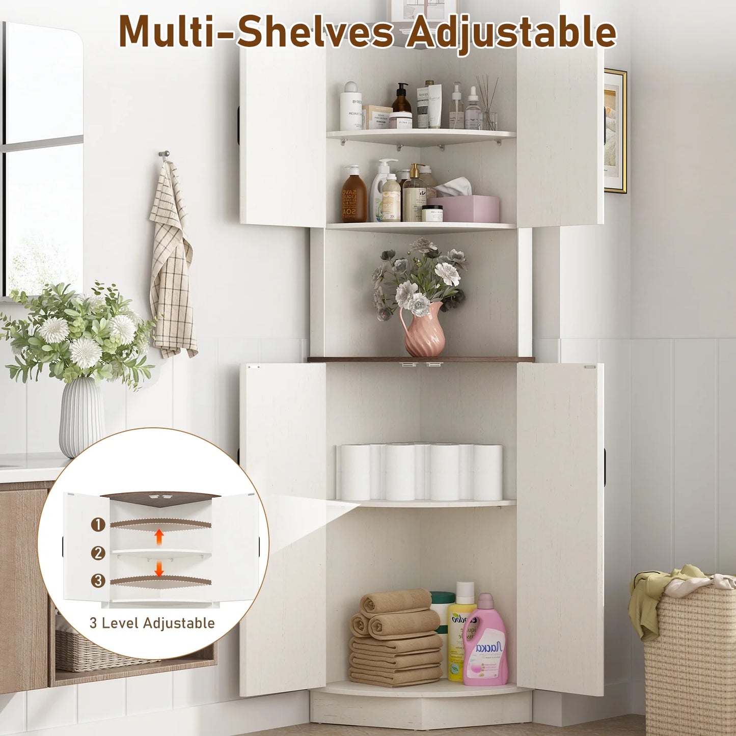 ChVans Farmhouse 68" Tall Corner Cabinet w/4 Barn Doors, 5 Tier Bookcase Storage Cabinet with Adjustable Shelves, Corner Storage Cabinet for Bathroom,Living Room,Kitchen, Brown