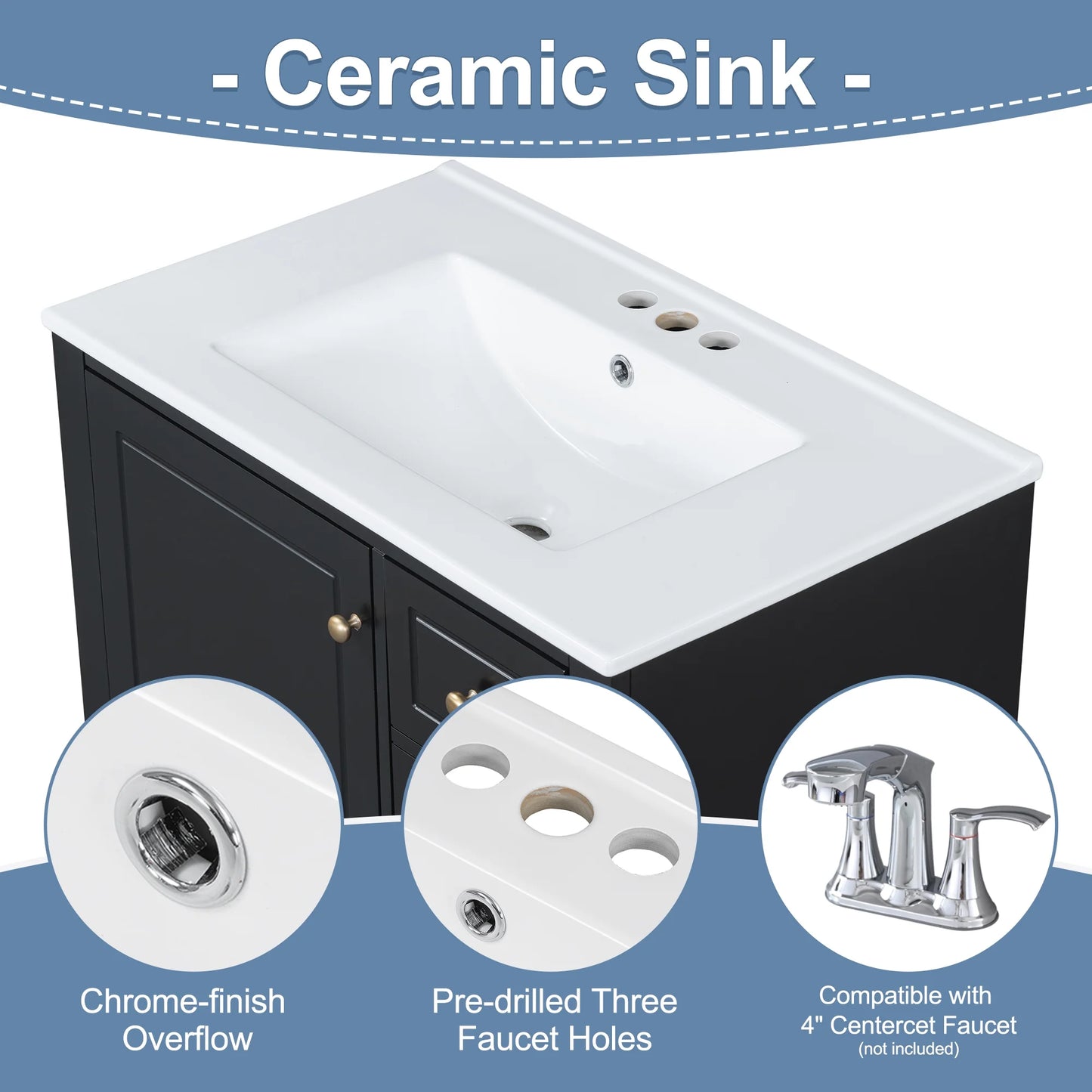 Euroco 30" Bathroom Vanity with Sink, One Door with Shelf and Three Drawers, Soft Close Door