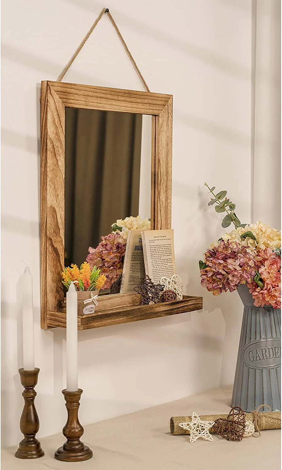 Sfugno Wall Mirror with Shelf, 20 x 16 inch Wall Mirror Hanging for Bathroom, Vanity, Bedroom, Entryway, Living Room(Rustic Brown)