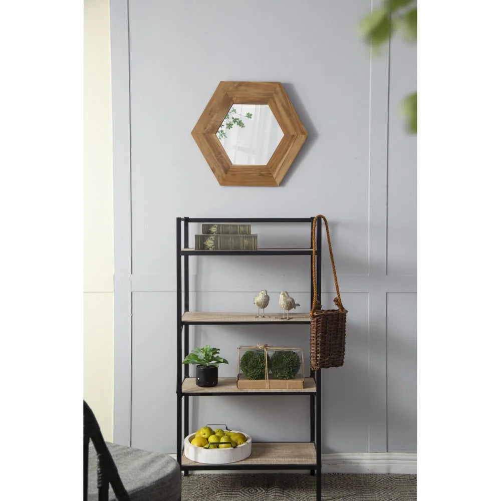 Tcbosik Decorative 18.5" Hexagon Hanging Wall Mirror with Natural Wood Frame and Attached Hanging Bracket, Rustic Farmhouse Decor for the Living Room, Bathroom, Bedroom, and Entryway