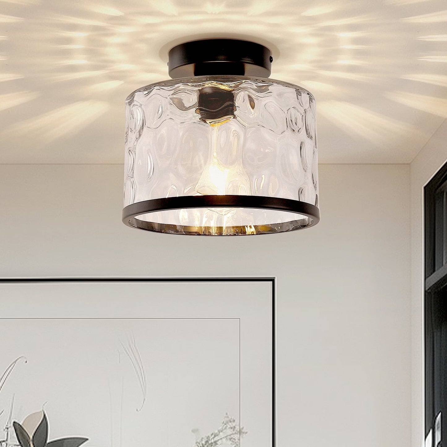 LOHASLED Industrial Semi Flush Mount Ceiling Light with Clear Hammered Glass,Black ,Modern Lighting for Hallway, Porch, Kitchen, Bathroom, Bedroom