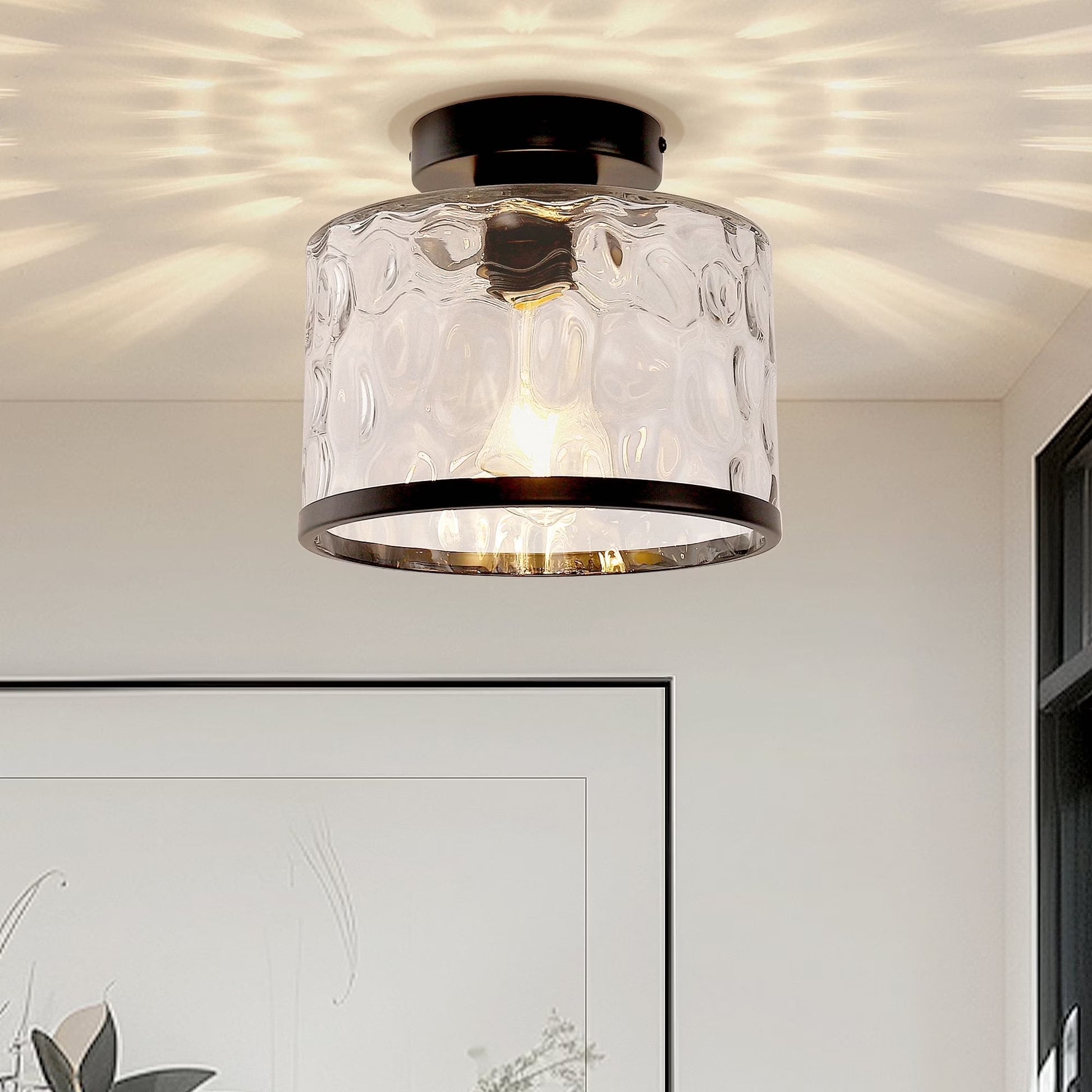 LOHASLED Industrial Semi Flush Mount Ceiling Light with Clear Hammered Glass,Black ,Modern Lighting for Hallway, Porch, Kitchen, Bathroom, Bedroom