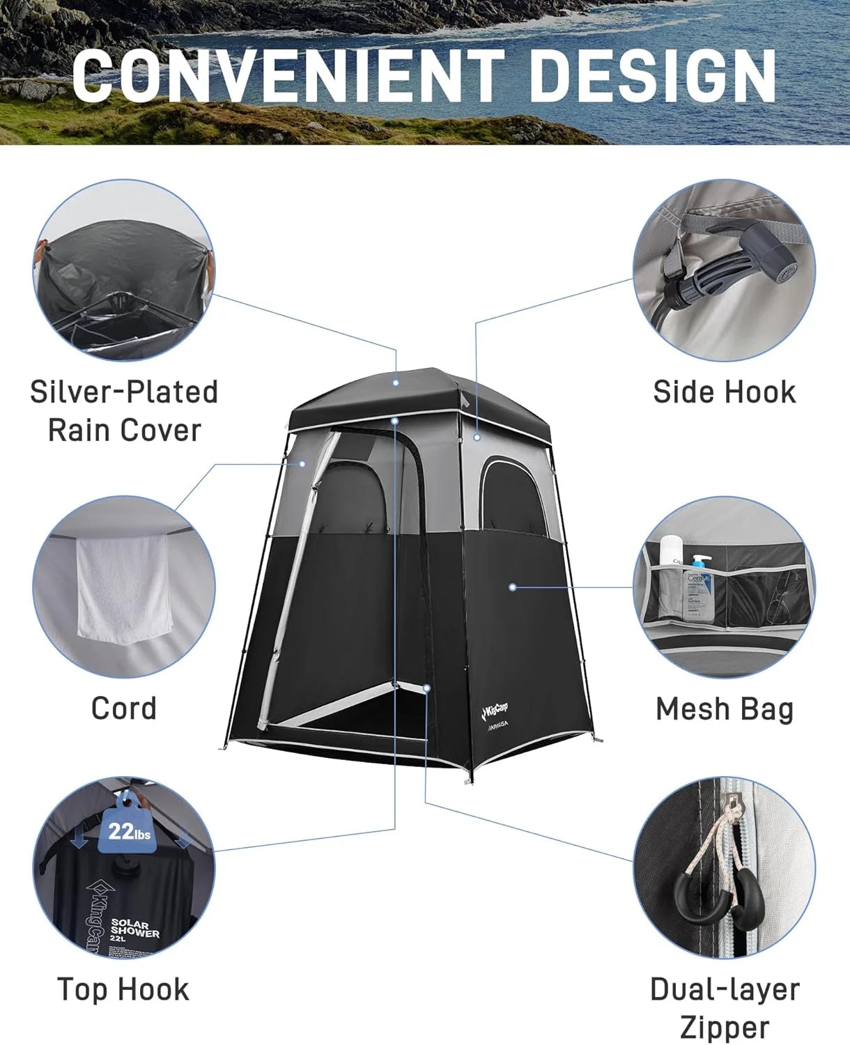 KingCamp Shower Tent, Portable Camping Bathroom Tent with 5 Gallon Solar Heated Bag, Outdoor Privacy Changing Room Tent, Privacy Shelter for Toilet, Dressing Outdoor Camping, Hiking