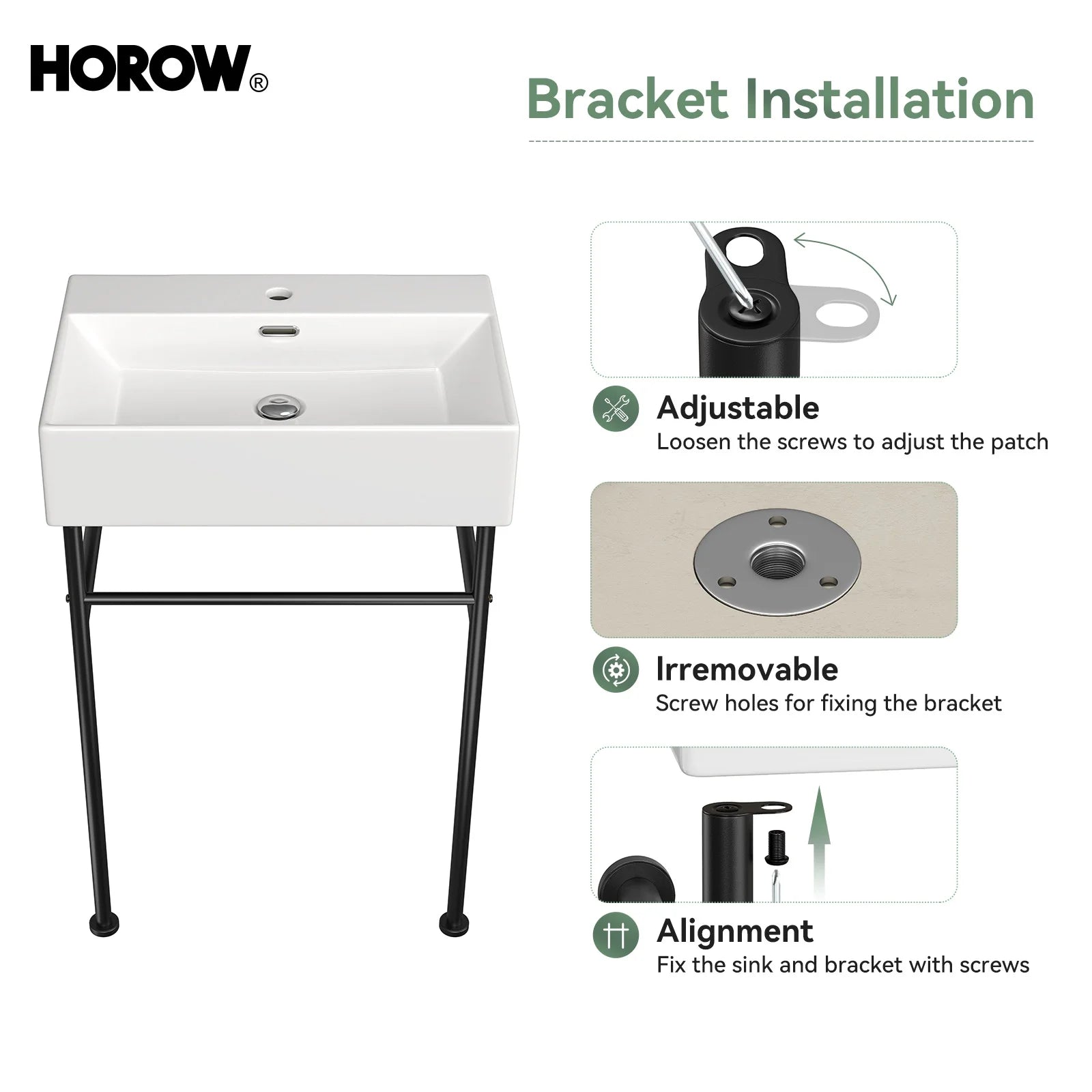 HOROW 24" Console Bathroom Sink,Free Standing 30 Inch Stainless Steel Support Pedestal Legs, Matte Black