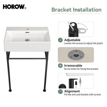 HOROW 24" Console Bathroom Sink,Free Standing 30 Inch Stainless Steel Support Pedestal Legs, Matte Black