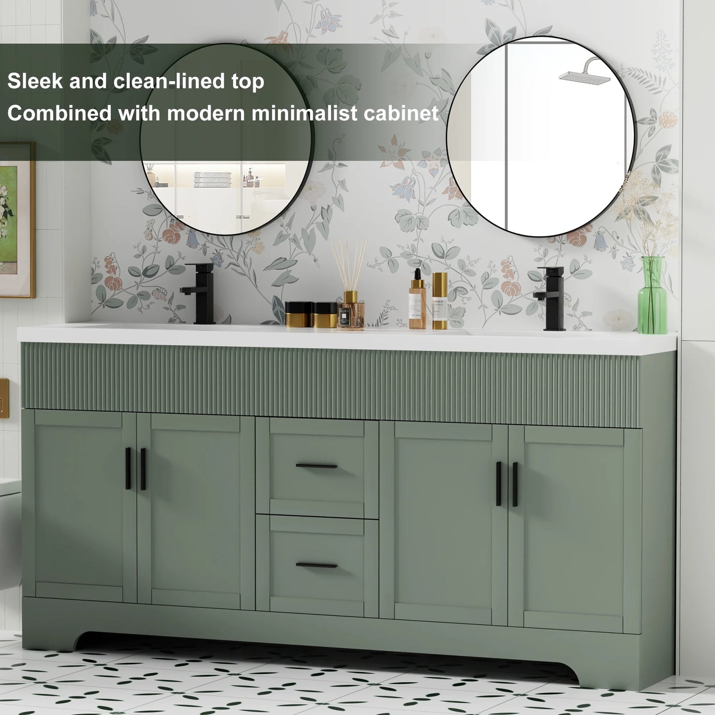 72" Freestanding Double Sink Bathroom Vanity Set With Resin Top, Hand-Painted, EPA Certificate
