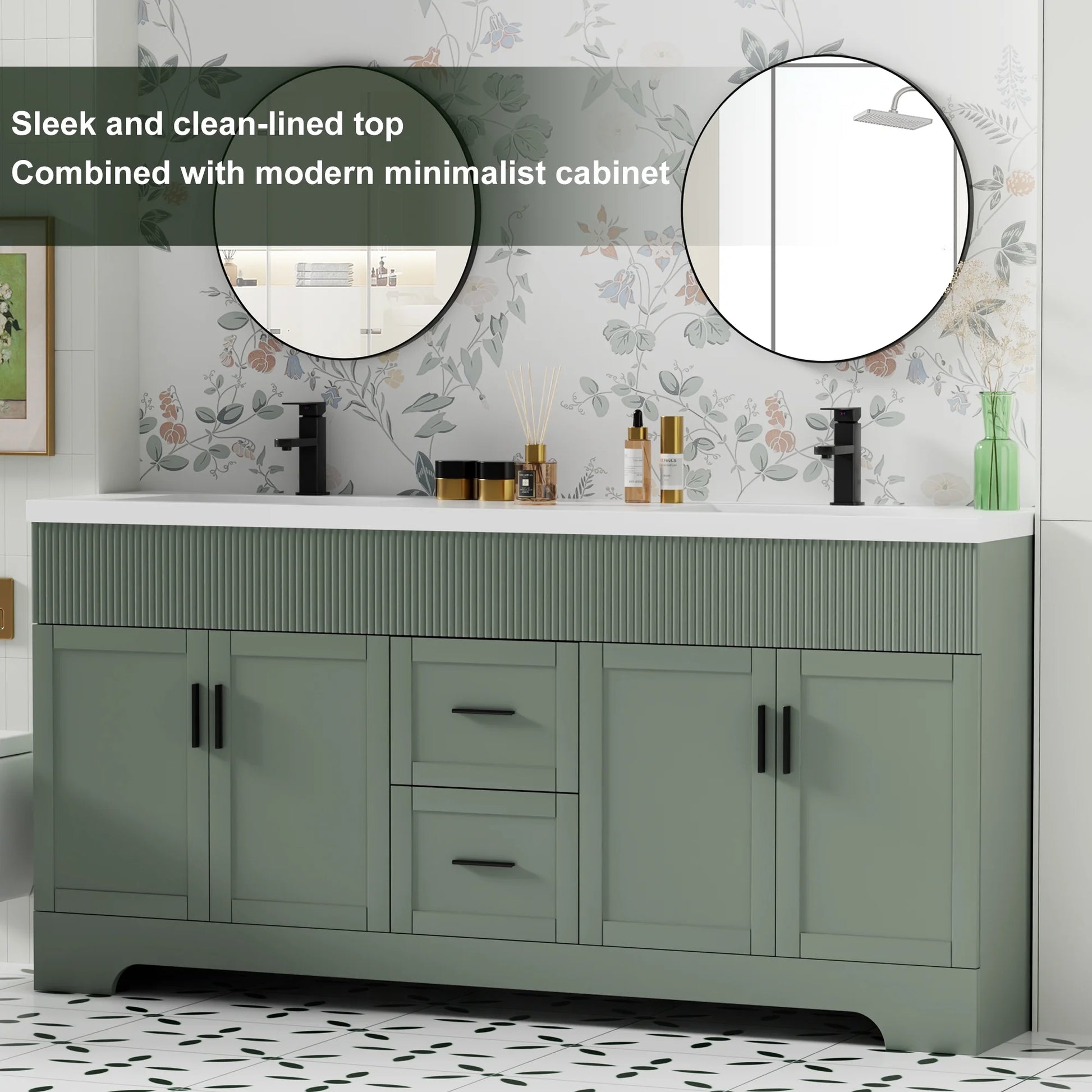 72" Freestanding Double Sink Bathroom Vanity Set With Resin Top, Hand-Painted, EPA Certificate