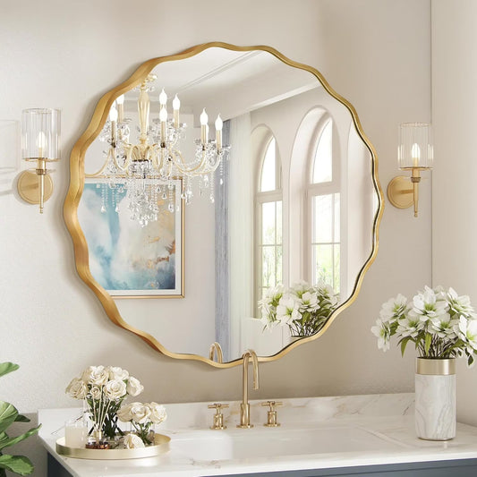 octopus Gold Round Wavy Mirror for Wall, 24"x24" Circle Scalloped Wall Mirror with Brushed Alloy Steel Frame&Shatter-Proof Glass, Hanging Decorative Mirror for Bathroom, Bedroom, Entryway