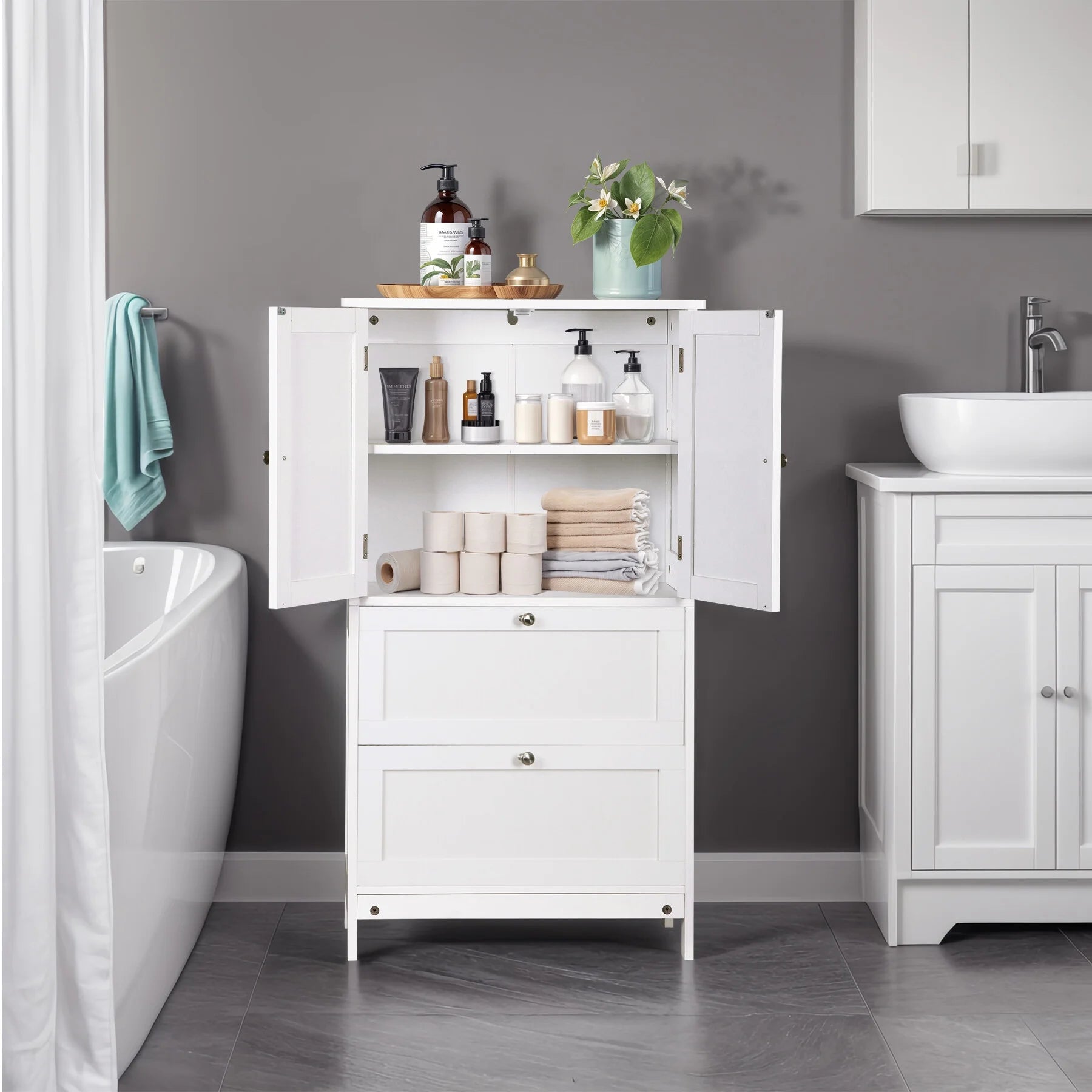 ZENSTYLE Freestanding MDF Bathroom Cabinet with 2 Drawers and Adjustable Shelf Extra Storage Space, White