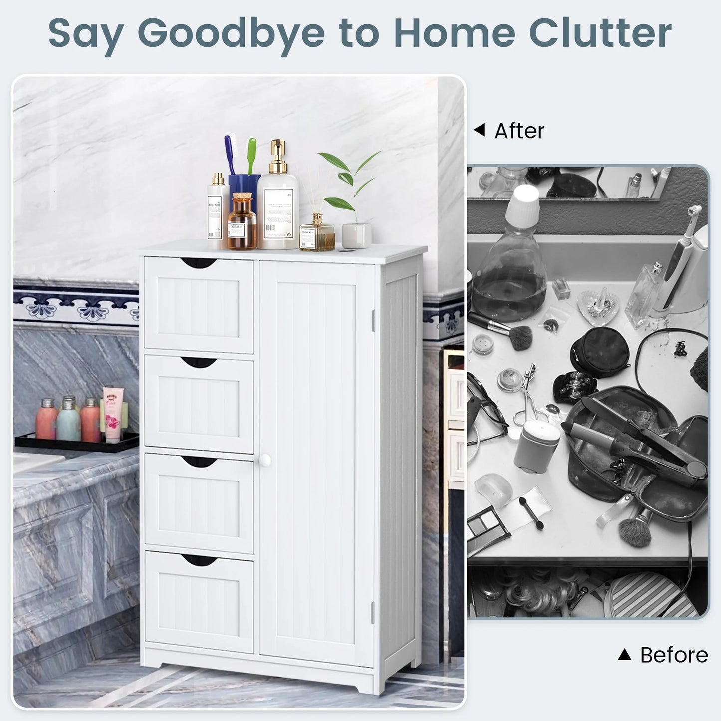 Bathroom Storage Wooden 4 Drawer Cabinet Cupboard 2 Shelves Free Standing White