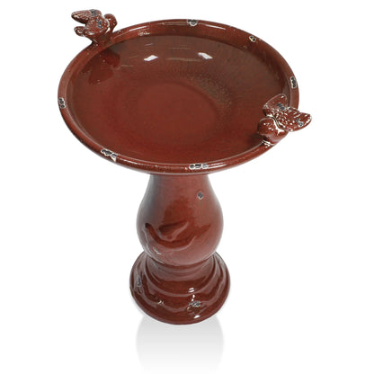 Alpine Corporation Ceramic Pedestal Birdbath with 2 Bird Figurines, Deep Red