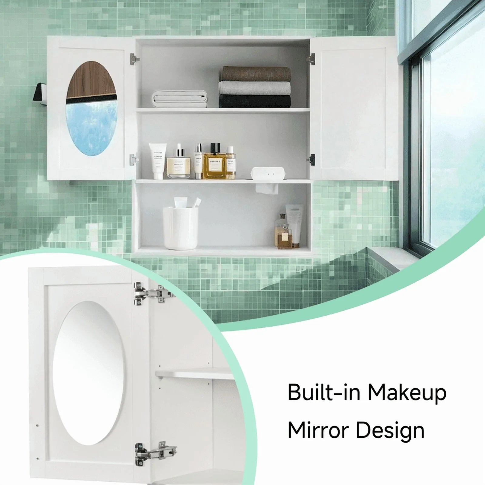 EBQOSK Wall Mounted Bathroom Cabinet, 31.5"D x 11.81"W x 37.8"H Vanity Mirror Cabinet with Facial Tissues Slot and Multifunctional Storage Area, Storage Cabinets for Laundry Bathroom White Style 2