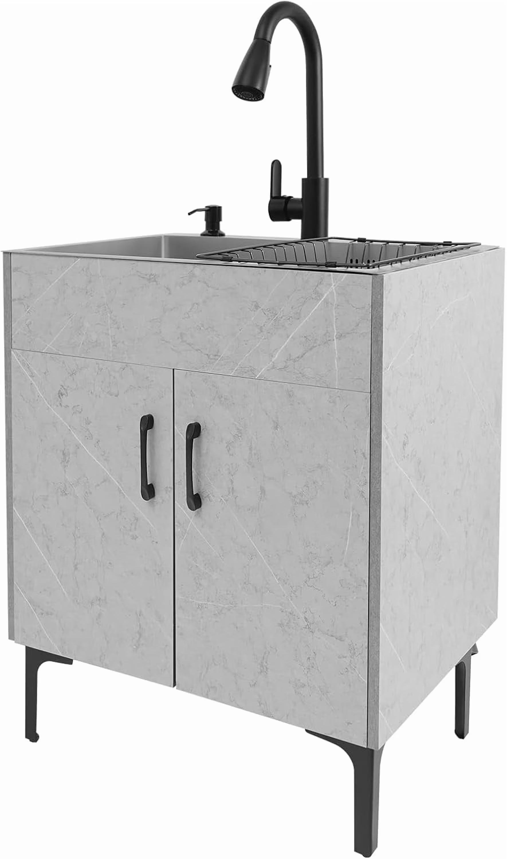Laundry Sink Cabinet with Pull-Down Faucet Stainless Steel Utility Sink for Laundry Utility Room Bathroom Vanity Sink Cabinet with 2 Doors for Kitchen Outdoor (White)