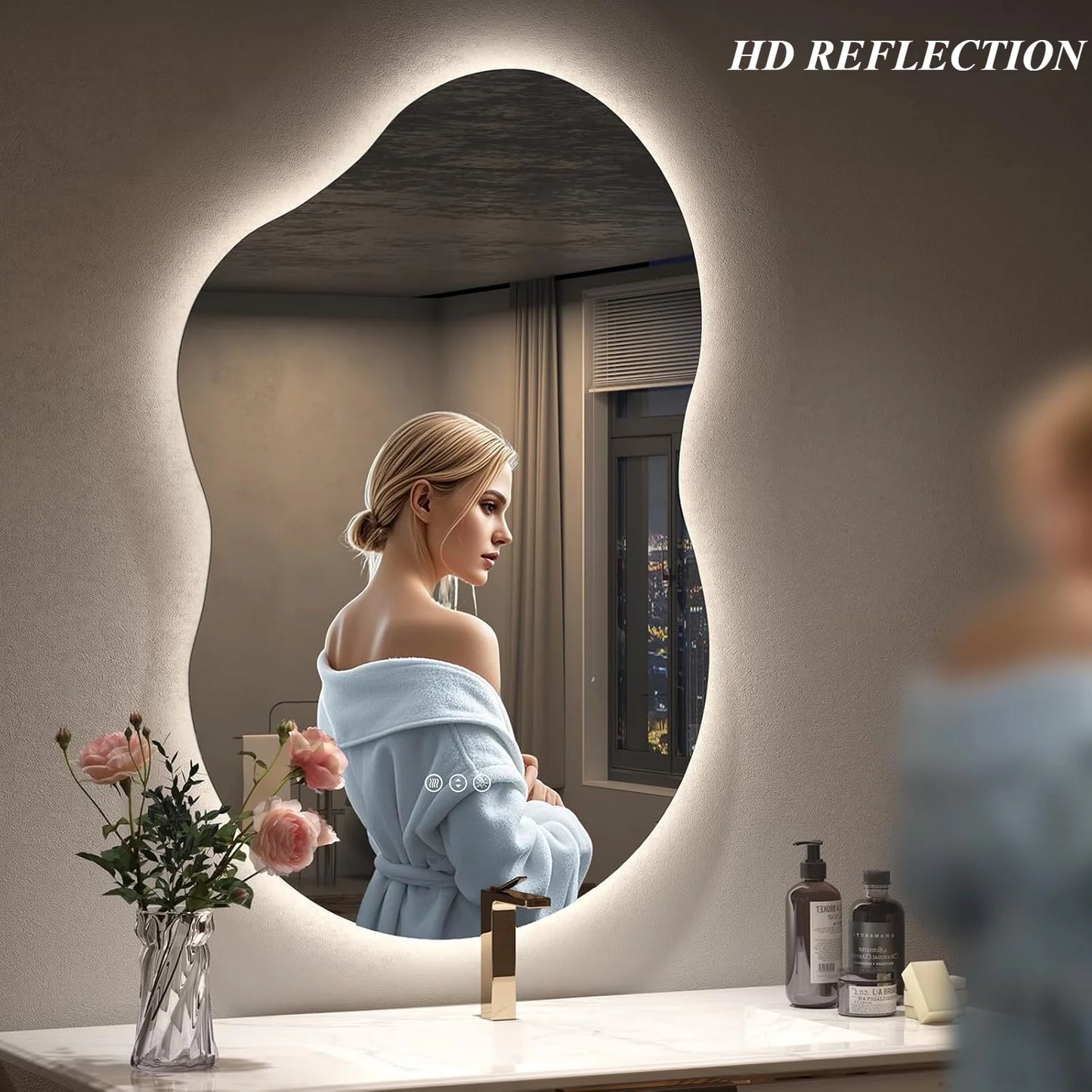 Irregular 32"x 24" Led Bathroom Mirror with Lights, Backlit Cloud-Shape Vanity Mirror for Wall, Dimmable 3 Colors Asymmetrical Mirror, Memory Function