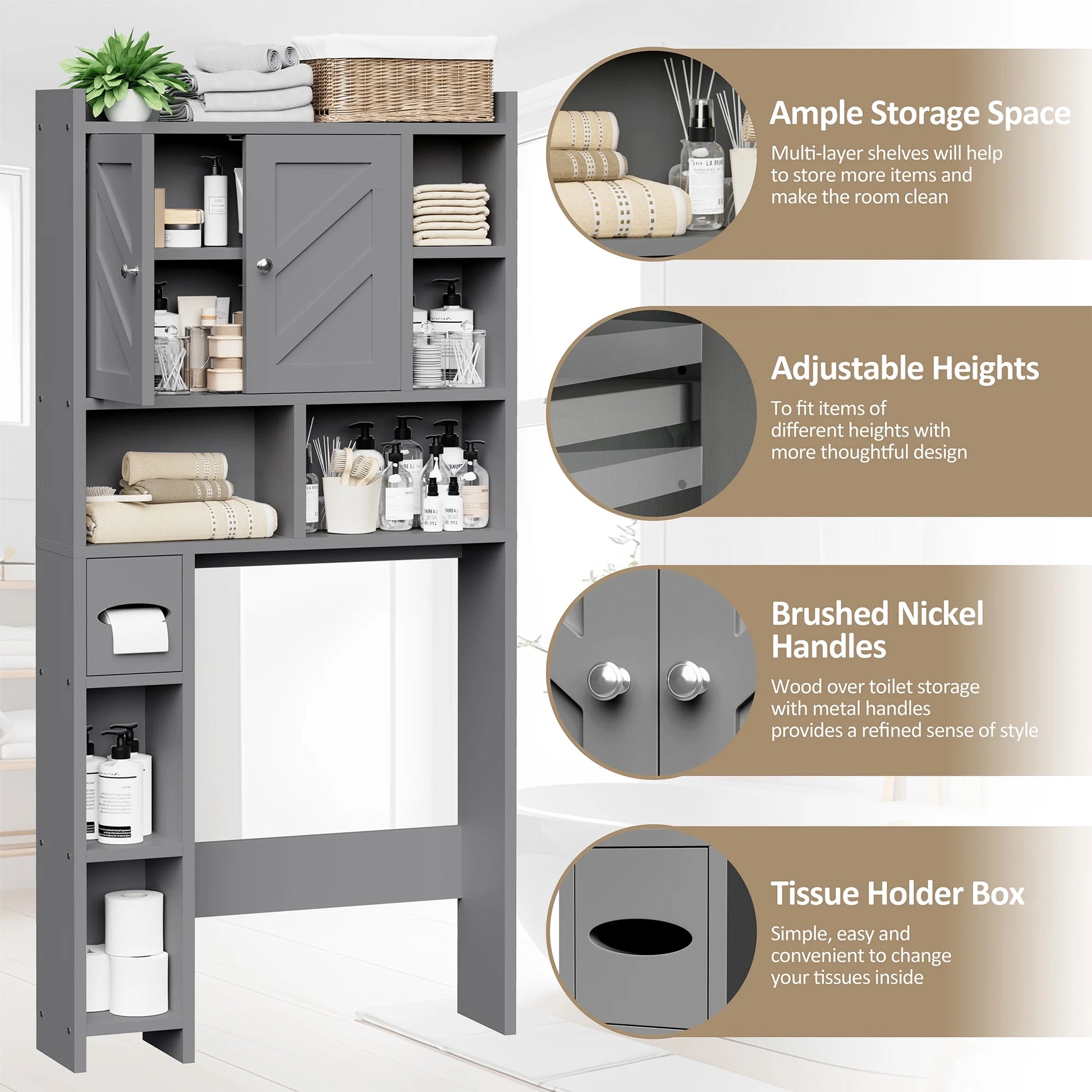 Walsunny Over the Toilet Storage Cabinets with Doors Side Shelves Toilet Paper Holder Stand Organizer Shelf Rack Space Saver above behind Toilet Freestanding for Bathroom Restroom Laundry Gray