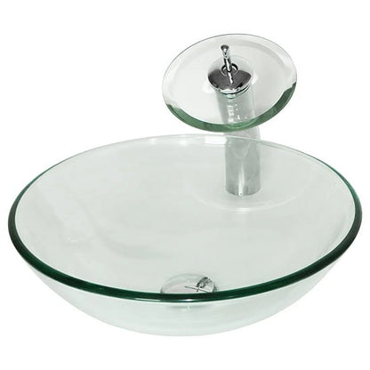 Wonline Bathroom Tempered Clear Glass Vessel Sink Waterfall Faucet & Pop-up Drain