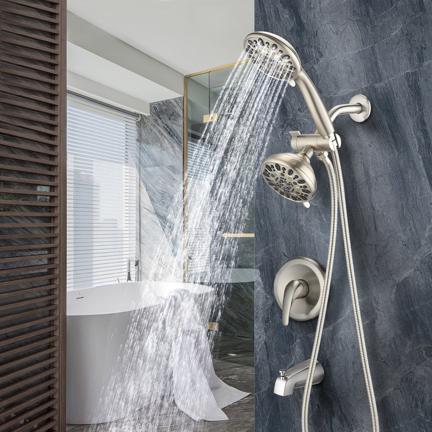 Proox 5 inch High Pressure Dual 2 in 1 Rain Showering Faucet Handheld Combo Set with Bathtub Spout