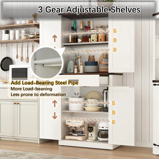 72" Tall Farmhouse Kitchen Pantry Cabinet w/1 Drawer & 4 Roomy Storage Shelves, Versatile Wood Storage Cabinet with 4 Barn Door & Adjustable Shelves & for Dining Room Bathroom Utility Room