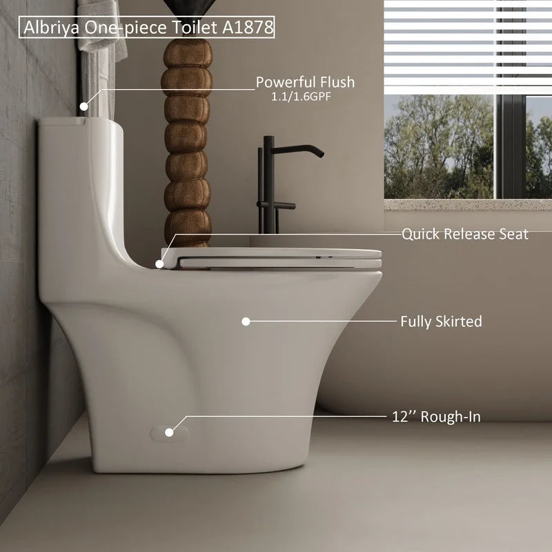 Albriya A1878 Modern One Piece Toilet, Standard Bathroom Toilet Power Dual Flush 1.1/1.6 GPF with Comfortable Seat ADA Height 16 1/2’�? 12’�?Rough-In, MaP 1000g, Glossy White