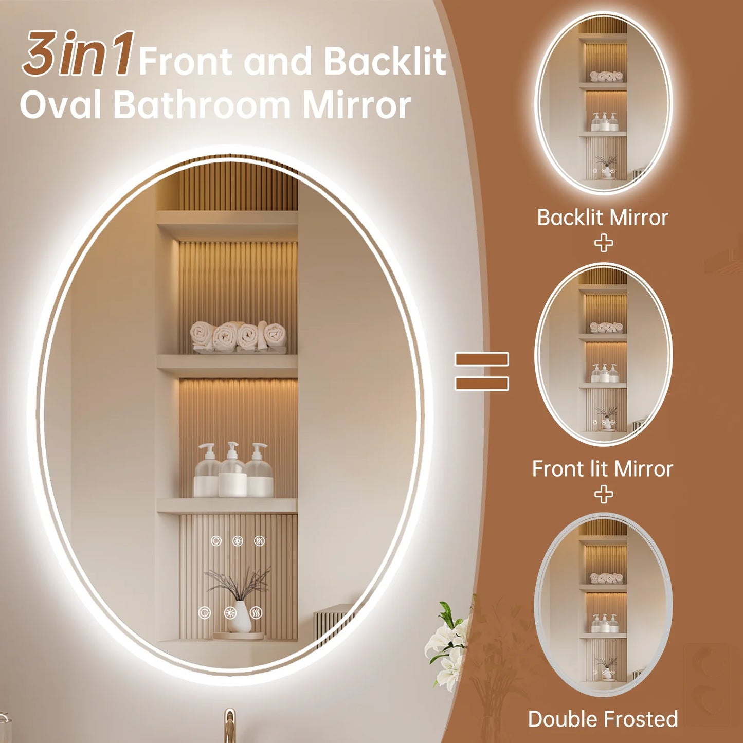 Funtouch 20" x 28" Oval LED Bathroom Mirror with Lights, Anti Fog LED Bathroom Mirror???Dimmable, Front and Backlit, 3 Colors, Memory, Shatterproof