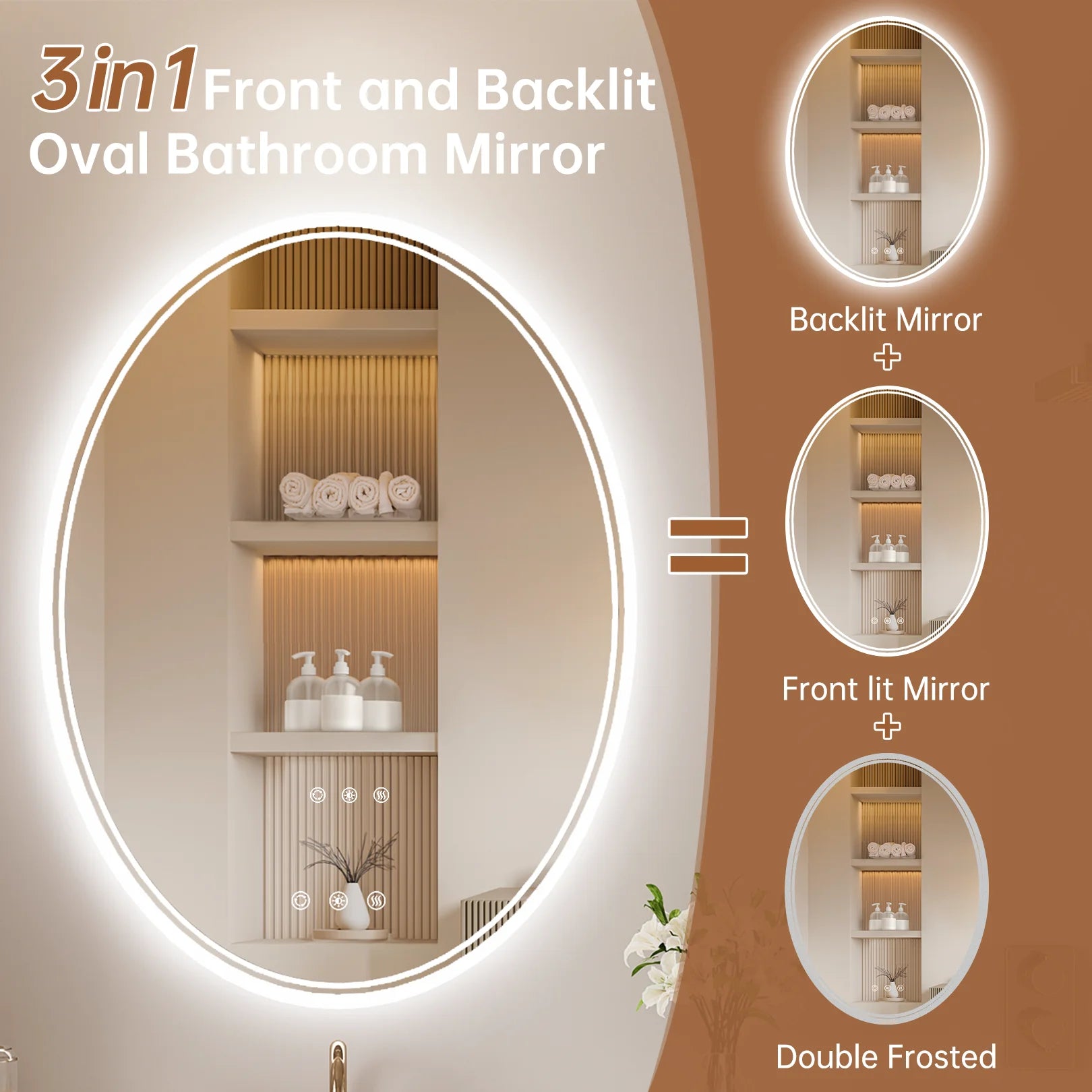 Funtouch 20" x 28" Oval LED Bathroom Mirror with Lights, Anti Fog LED Bathroom Mirror???Dimmable, Front and Backlit, 3 Colors, Memory, Shatterproof